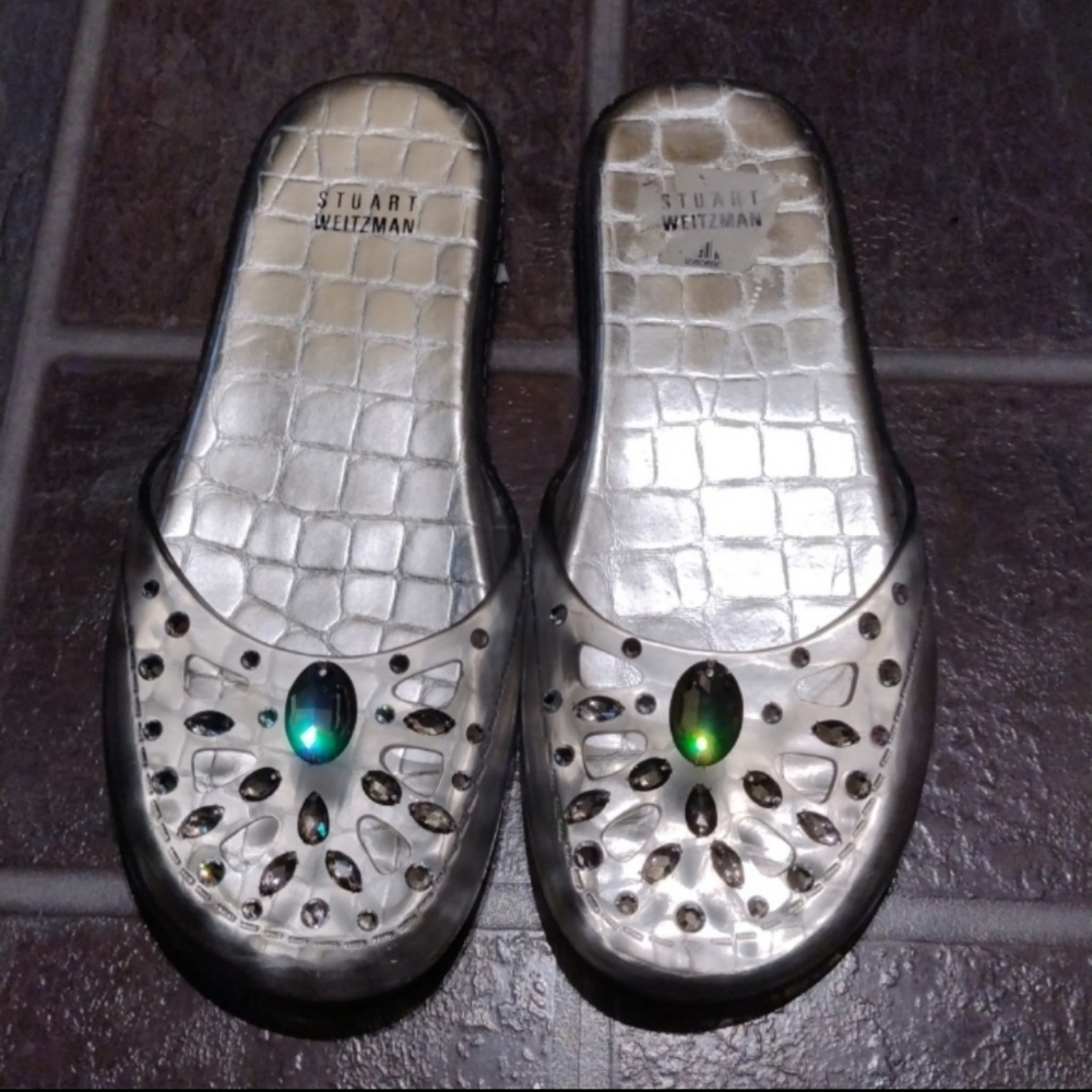 Stuart Weitzman Crystal Embellished Jelly Flat Slides Sandals beach slides size8